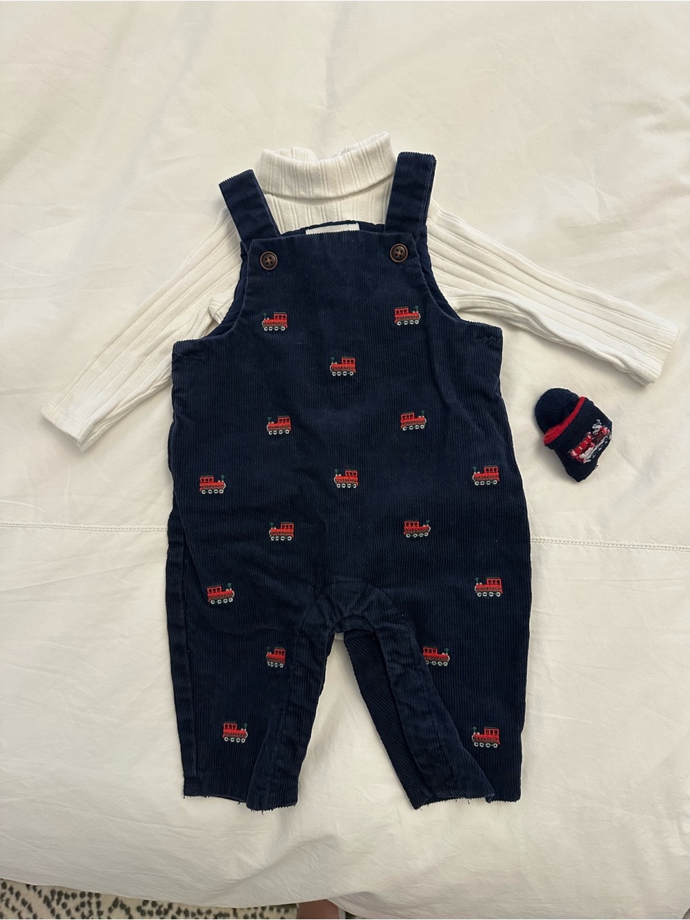 Janie and Jack Train Embroidered Corduroy Overalls with Cream Top